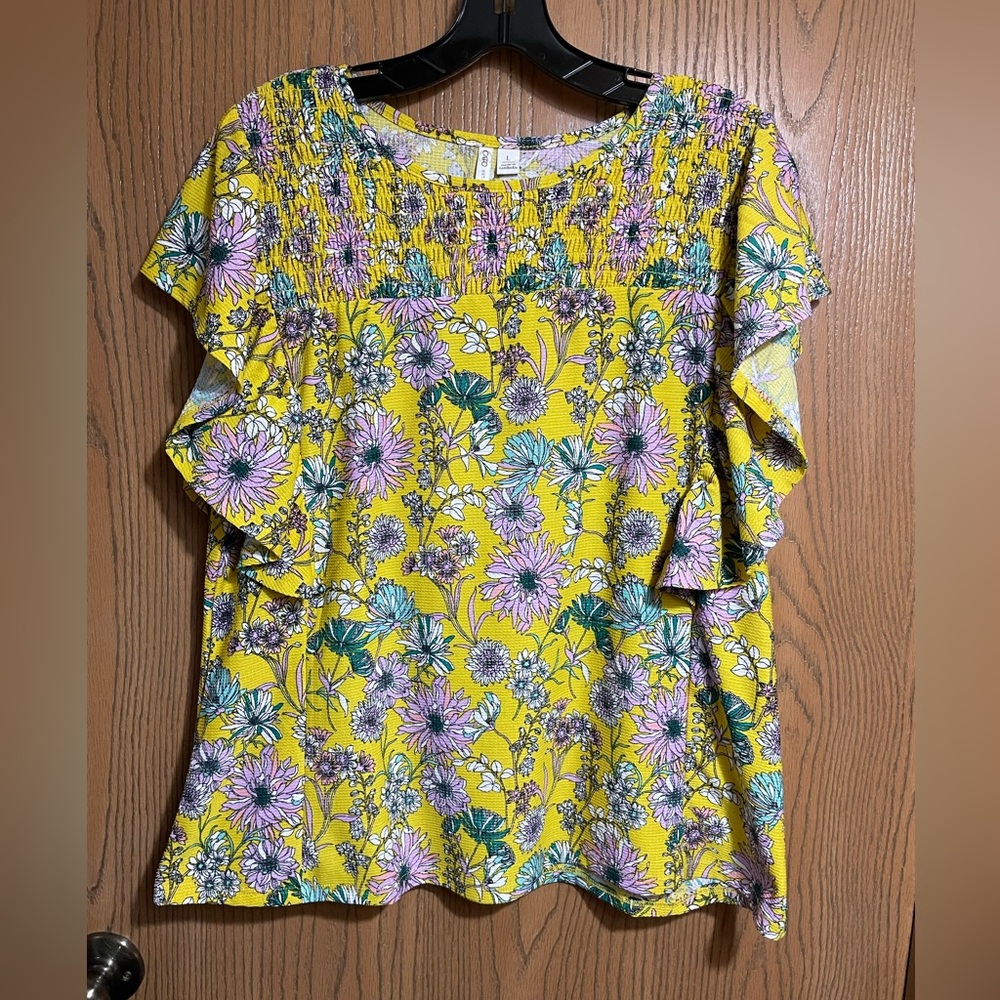 Cato Floral Blouse - Yellow and Purple with Flutter Sleeves